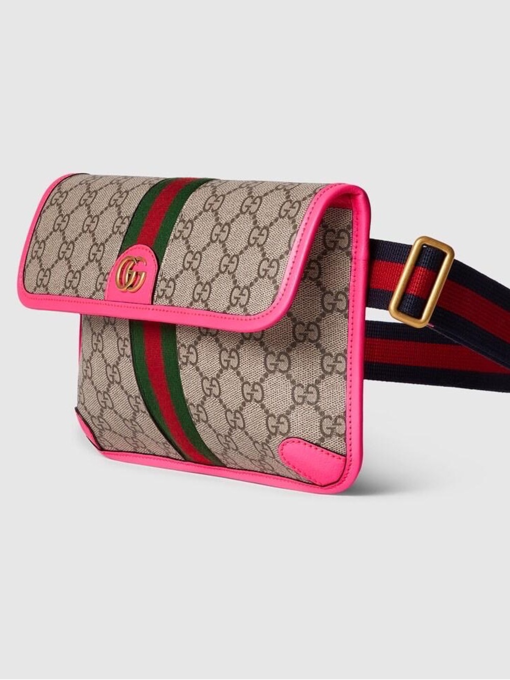 Gucci Beige GG Supreme Shoulder Bag with Pink Trim and Green-Red Stripe - Picture 2 of 8